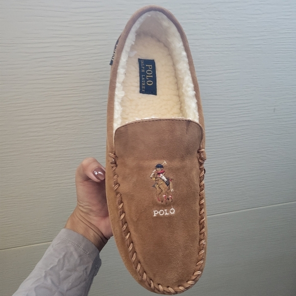 Polo Ralph Lauren Chaise Bear Moccasin Faux Fur Leather Slippers NEW 9 10 main image 11